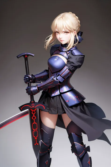 (masterpiece, best quality:1.2), solo, 1girl, sabaltarmor, serious, looking at viewer, (holding sword, excalibur morgan \(fate\):1.1), armored dress, black armor, gauntlets <lyco:fate_saberalter_v2-08:0.9> <lyco:UnlimitedBladeWorks1.6:0.9>