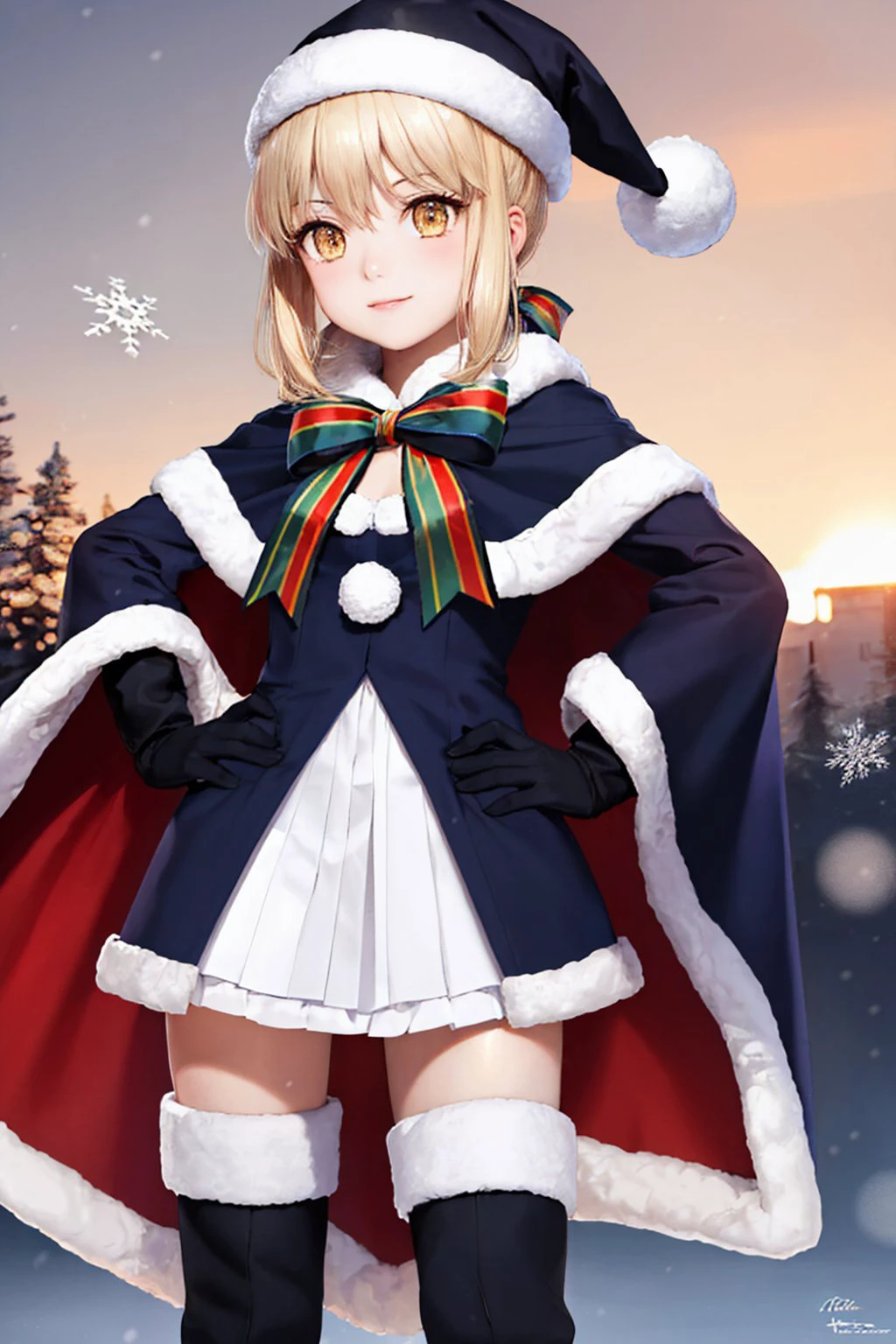 (masterpiece, best quality:1.2), solo, 1girl, sabaltsanta, smile, looking at viewer, hands on hips, santa hat, santa costume, cape, fur trim, pantyhose, thigh boots, black gloves, snowing <lyco:fate_saberalter_v2-08:1.0>