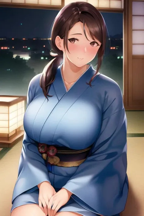 (Night:1.7), Japan, Tokyo, CityView, Before Window,
Standing at attention, Sitting on tatami,
Blue Yakata,kimono,japanese clothes,
<lora:Haruka_Hahagui-KK77-V1:0.7>,
low_ponytail,brown eyes,brown hair, bangs,
1 girl, 20yo,mature female,Beautiful Finger,Beautiful long legs,Beautiful body,Beautiful Nose,Beautiful character design, perfect eyes, perfect face,
looking at viewer, in the center of the image,
NSFW,official art,extremely detailed CG unity 8k wallpaper, perfect lighting,Colorful, Bright_Front_face_Lighting,
(masterpiece:1.0),(best_quality:1.0), ultra high res,4K,ultra-detailed,
photography, 8K, HDR, highres, absurdres:1.2, Kodak portra 400, film grain, blurry background, bokeh:1.2, lens flare, (vibrant_color:1.2)
(Beautiful,large_Breasts:1.4), (beautiful_face:1.5),(narrow_waist),