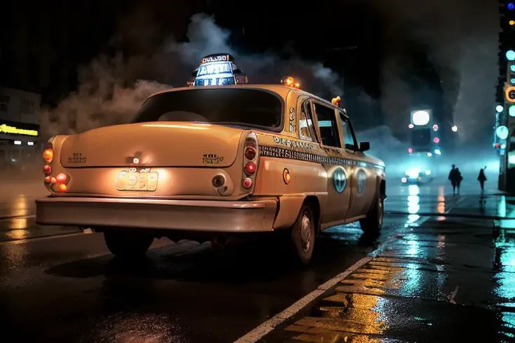analog gloomy photo of a (taxi, <lora:ch3ck3rc4b:1>), (rear view), ((broadway in new york city (at night))), (abandoned buildings), (graffiti), (horror movie), ((nighttime)), (rain), High Detail, Sharp focus, (photorealism), realistic, best quality, 8k, award winning, dramatic lighting, epic, cinematic, masterpiece, rim light, (ambient fog:1.5), smoke:0.3, dutch angle, depth of field,
