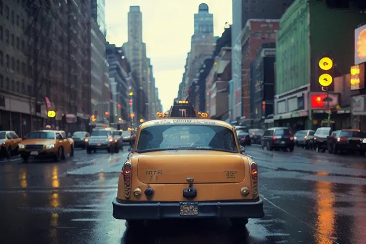 analog gloomy photo of a taxi, <lora:ch3ck3rc4b:1>, rear view, ((broadway in new york city (at night))), (abandoned buildings), (graffiti), (horror movie), ((nighttime)), (rain), neon signs, marquee, High Detail, Sharp focus, (photorealism), realistic, best quality, 8k, award winning, dramatic lighting, epic, cinematic, masterpiece, rim light, ambient fog:1.2, dutch angle, depth of field,