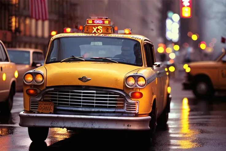 analog gloomy photo of a Checker Taxicab, <lora:ch3ck3rc4b:1>, rear view, ((broadway in new york city (at night))), (abandoned buildings), (graffiti), (horror movie), ((nighttime)), rain, High Detail, Sharp focus, (photorealism), realistic, best quality, 8k, award winning, dramatic lighting, epic, cinematic, masterpiece, rim light, ambient fog:1.2, dutch angle, depth of field,