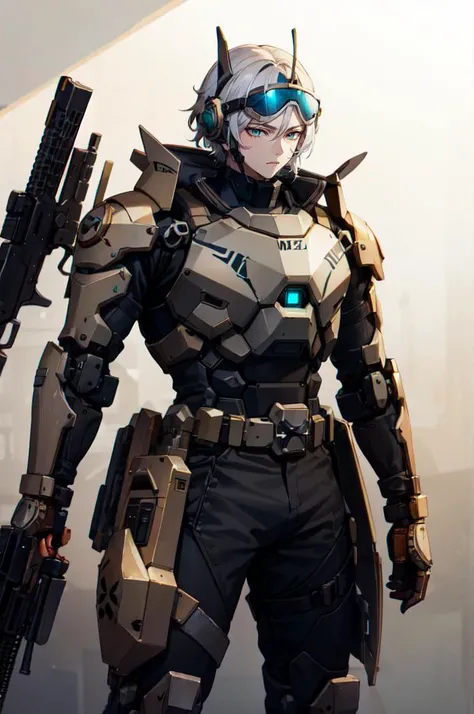 <lora:0300 Individual soldier exoskeleton armor suit_v1:0.5> ruanyi0300, armor, belt, gloves, mecha, robot, goggles, holding weapon, m4 carbine, assault rifle, holding gun, (no helmet:1.3),, absurdres, ultra detailed, masterpiece, best quality, aesthetic, detailed,, solo, 1boy, teal eyes, <lora:Tsurime3:1>, (tsurime:1.2), parted bangs, white hair, medium hair, straight hair, shoulder-length hair, male focus,
