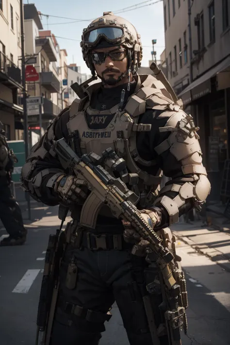 solo,1boy,outdoors,cityscape,(cowboy shot:1.3),<lora:0300 Individual soldier exoskeleton armor suit_v1:0.9>,ruanyi0300,armor,assault rifle,belt,gloves,goggles,holding weapon,m4 carbine,mecha,robot,holding gun,standing,, best quality,masterpiece,highres,official art,extremely detailed cg unity 8k wallpaper