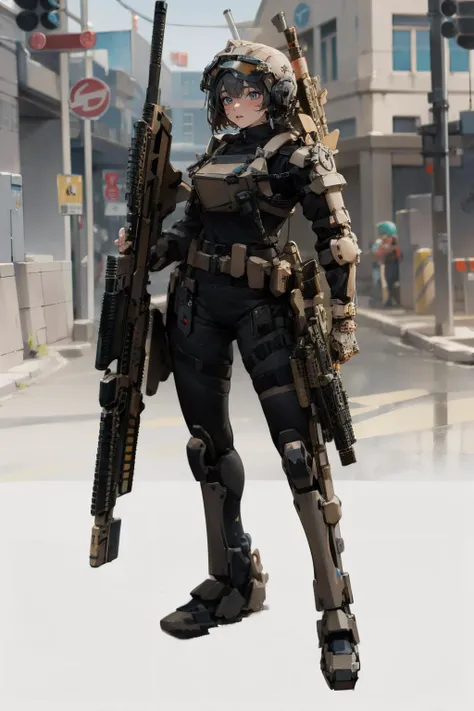 solo,1girl,outdoors,cityscape,<lora:0300 Individual soldier exoskeleton armor suit_v1:1>,ruanyi0300,armor,assault rifle,belt,gloves,goggles,holding weapon,m4 carbine,mecha,robot,holding gun,(full body:1.3),standing,squatting cowgirl position,, best quality,masterpiece,highres,official art,extremely detailed cg unity 8k wallpaper