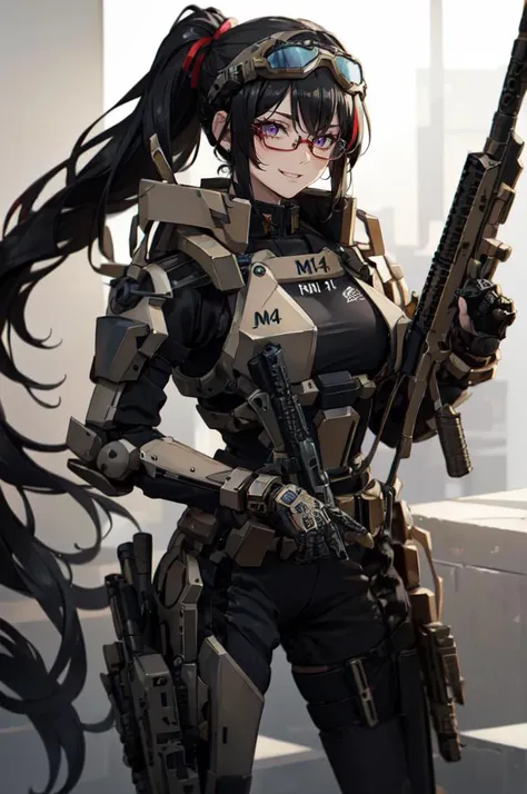 <lora:0300 Individual soldier exoskeleton armor suit_v1:0.9> ruanyi0300, armor, belt, gloves, mecha, robot, goggles, holding weapon, m4 carbine, assault rifle, holding gun,, absurdres, ultra detailed, masterpiece, best quality, aesthetic, detailed,, solo, smug smile, 1girl, purple eyes, red-framed eyewear, (black hair, red colored tips:1.2), red streaked hair, very long hair, side ponytail, tied hair, medium breasts,