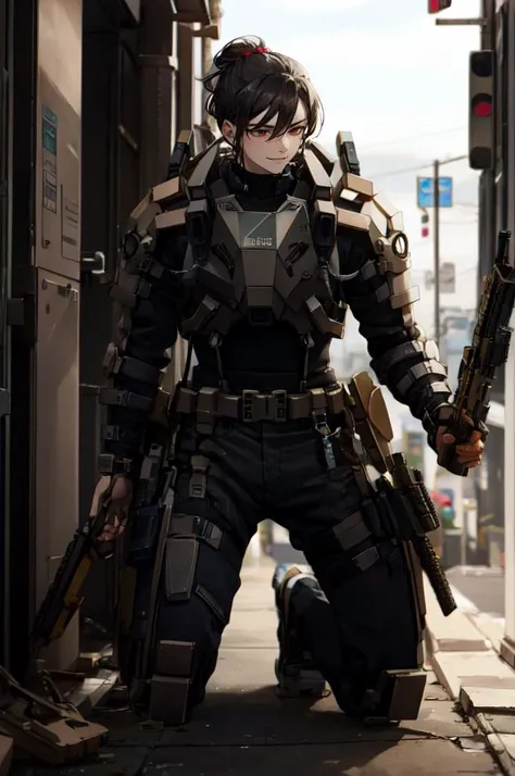 <lora:0300 Individual soldier exoskeleton armor suit_v1:0.9> ruanyi0300, armor, belt, gloves, mecha, robot, goggles, holding weapon, m4 carbine, assault rifle, holding gun, on one knee, looking away, taking cover,, absurdres, ultra detailed, masterpiece, best quality, aesthetic, detailed,, solo, smug smile, 1boy, red eyes, <lora:Tsurime3:0.7>, (tsurime:1.2), black hair, undercut, top knot, parted bangs, long bangs, bangs, short hair, hair intakes, tall,