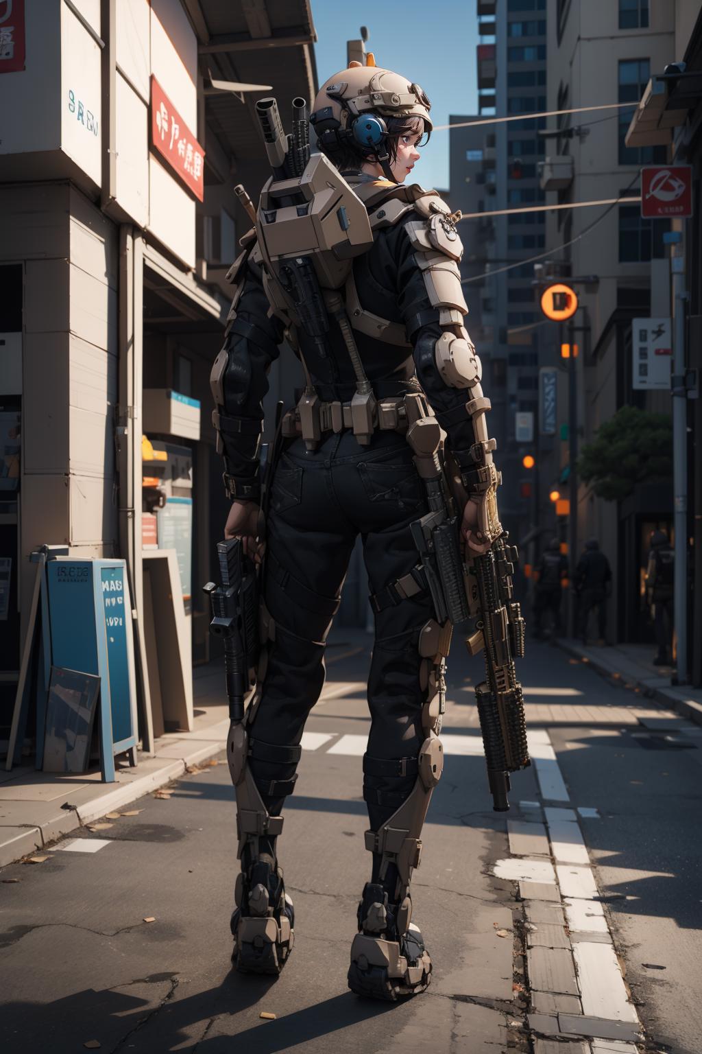 A man in a suit with a gun and a helmet on walking down a street ...