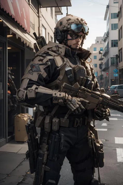 solo,1boy,outdoors,cityscape,(cowboy shot:1.3),<lora:0300 Individual soldier exoskeleton armor suit_v1:0.9>,ruanyi0300,armor,assault rifle,belt,gloves,goggles,holding weapon,m4 carbine,mecha,robot,holding gun,standing,, best quality,masterpiece,highres,official art,extremely detailed cg unity 8k wallpaper