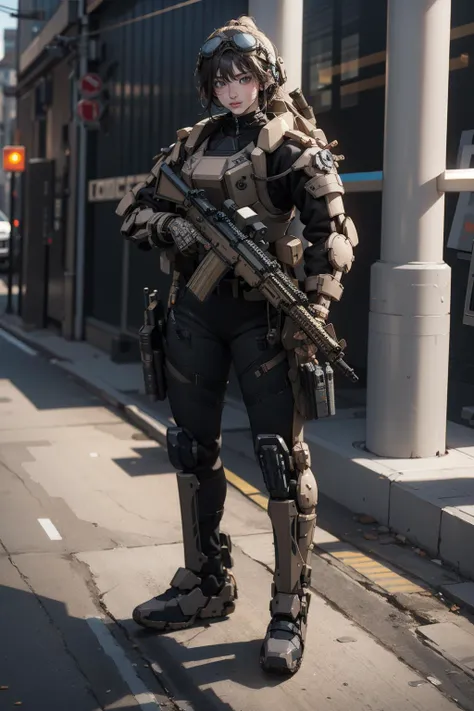 solo,1girl,outdoors,cityscape,<lora:0300 Individual soldier exoskeleton armor suit_v1:0.9>,ruanyi0300,armor,assault rifle,belt,gloves,goggles,holding weapon,m4 carbine,mecha,robot,holding gun,(full body:1.3),standing,, best quality,masterpiece,highres,official art,extremely detailed cg unity 8k wallpaper