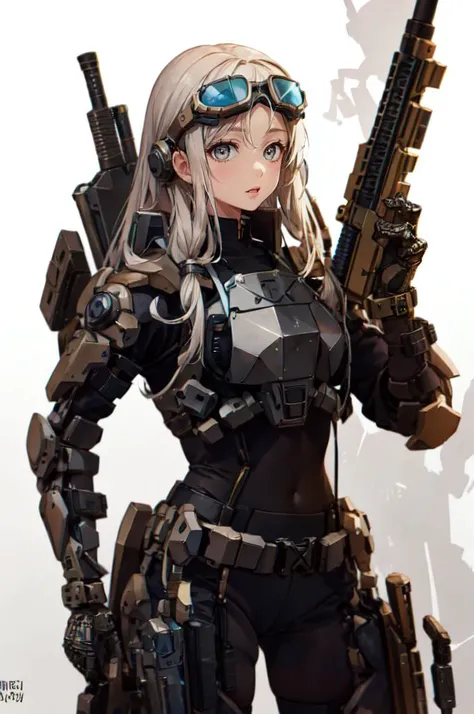 <lora:0300 Individual soldier exoskeleton armor suit_v1:0.9> ruanyi0300, armor, belt, gloves, mecha, robot, goggles, holding weapon, m4 carbine, assault rifle, holding gun,, absurdres, ultra detailed, masterpiece, best quality, aesthetic, detailed,, serious, 1girl, (white eyes:1.1), (grey eyes:1.3), white hair, very long hair, parted hair, parted bangs, <lora:parted_hair_v1.3:1.3>, medium breasts,, valkyrie, (bodysuit:1.1), pink wing hair ornament, grey armored skirt, black bodysuit, armor, gauntlets, pink breastplate, greaves, armored dress, pink hues,