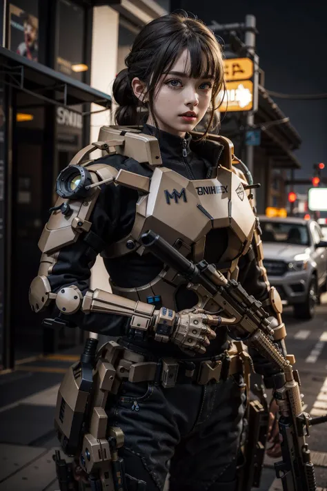 solo,1boy,outdoors,cityscape,(cowboy shot:1.3),<lora:0300 Individual soldier exoskeleton armor suit_v1:0.9>,ruanyi0300,armor,assault rifle,belt,gloves,goggles,holding weapon,m4 carbine,mecha,robot,holding gun,standing,, (incredibly absurdres, ultra-detailed,CG ,unity ,8k wallpaper),(masterpiece),(realistic),(photorealistic:1.2),(raw photo:1.2), (best quality:1.2), (detailed face :1.4),(beautiful detailed eyes :1.2),(detailed hair),light on face, huge filesize ,cinematic lighting, 1 girl ,sexy,
