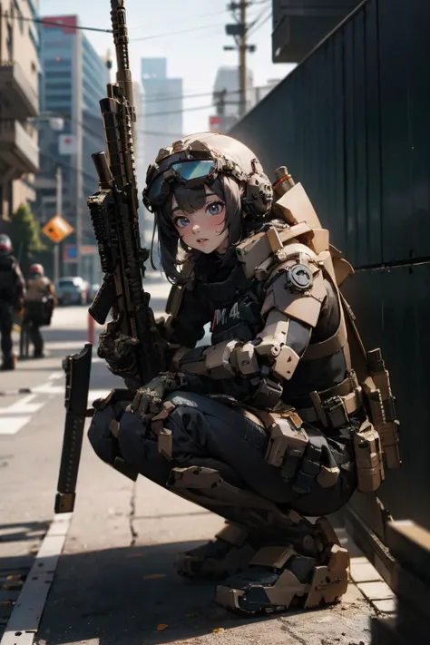solo,1girl,outdoors,cityscape,<lora:0300 Individual soldier exoskeleton armor suit_v1:0.9>,ruanyi0300,armor,assault rifle,belt,gloves,goggles,holding weapon,m4 carbine,mecha,robot,holding gun,(full body:1.3),squatting cowgirl position,, best quality,masterpiece,highres,official art,extremely detailed cg unity 8k wallpaper
