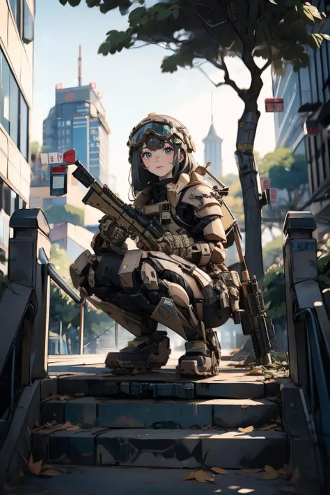 solo,1girl,outdoors,cityscape,<lora:0300 Individual soldier exoskeleton armor suit_v1:0.9>,ruanyi0300,armor,assault rifle,belt,gloves,goggles,holding weapon,m4 carbine,mecha,robot,holding gun,(full body:1.3),squatting cowgirl position,, 1girl,solo,tree,long hair,outdoor,stairs,bird,leaves,looking at viewer