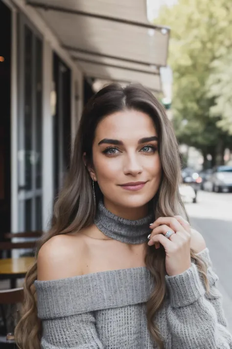 amh piercing eyes, looking straight, very happy,long hair, wearing an gray off-shoulder sweater, choker, closeup portrait, in a outdoor cafe in 2015, afternoon light,<lyco:AnnieMurphy-RealVision-V1.0:1.0>,