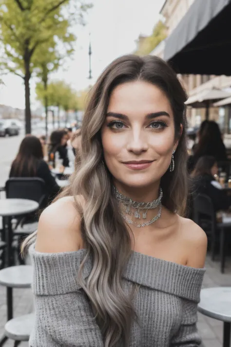 amh piercing eyes, looking straight, very happy,long hair, wearing an gray off-shoulder sweater, choker, closeup portrait, in a outdoor cafe in 2015, afternoon light,<lyco:AnnieMurphy-RealVision-V1.0:1.0>,