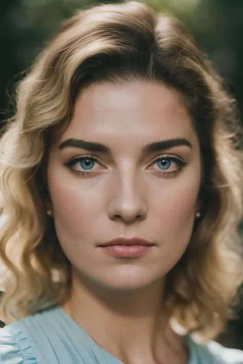 photoshoot of amh, (blonde hair), (wavy hair ), , detailed skin texture, (blush:0.2), (goosebumps:0.3), (light blue dress), subsurface scattering, Photorealistic, Hyperrealistic, Hyperdetailed, analog style, hip cocked, demure, detailed skin, matte skin, soft lighting, subsurface scattering, realistic, heavy shadow, masterpiece, best quality, ultra realistic, 8k, golden ratio, Intricate, High Detail, film photography, soft focus,<lyco:AnnieMurphy-RealVision-V1.0:1.0>