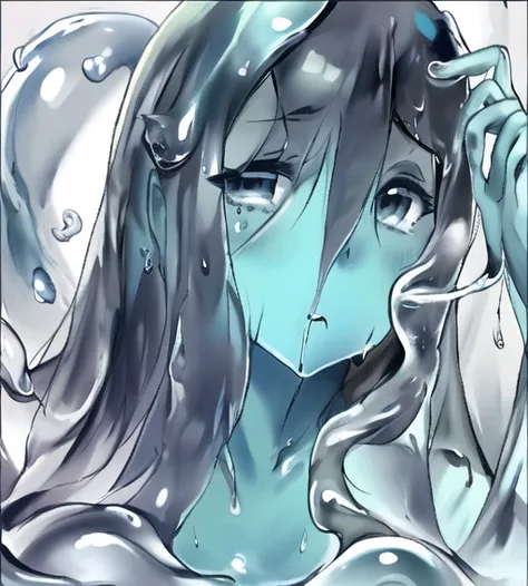 masterpiece, best quality, sweat,(sadako_yamamura), <lora:Sadakobest:1>, <lora:slimerealistic:0.8>,portrait,Slime girl, translucent skin, water drop, bubble, looking at viewer, <lora:NAI-dako:0.7>,