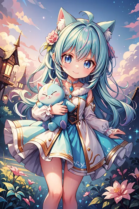 1girl, with cute fluffy creature, kawaii, chibi, smile, captured in a dreamy, ethereal, impressionist style with soft, feathery brushstrokes, a diminutive, fluffy, quadruped creature known as a "Glintle" - withwhite shimmering delicate fur in shades of rose, amethyst, and gold, large, shimmering, opalescent eyes - runs through a fantastical, starry landscape, surrounded by cotton-candy clouds, glittering, stardust-infused wildflowers, and a few stray, glittering, cosmic sparks behind the Glintlel, under a sky with a pretty sunset,
<lora:VikingPunkAI:0.5> fairytaleai, dynamic angle