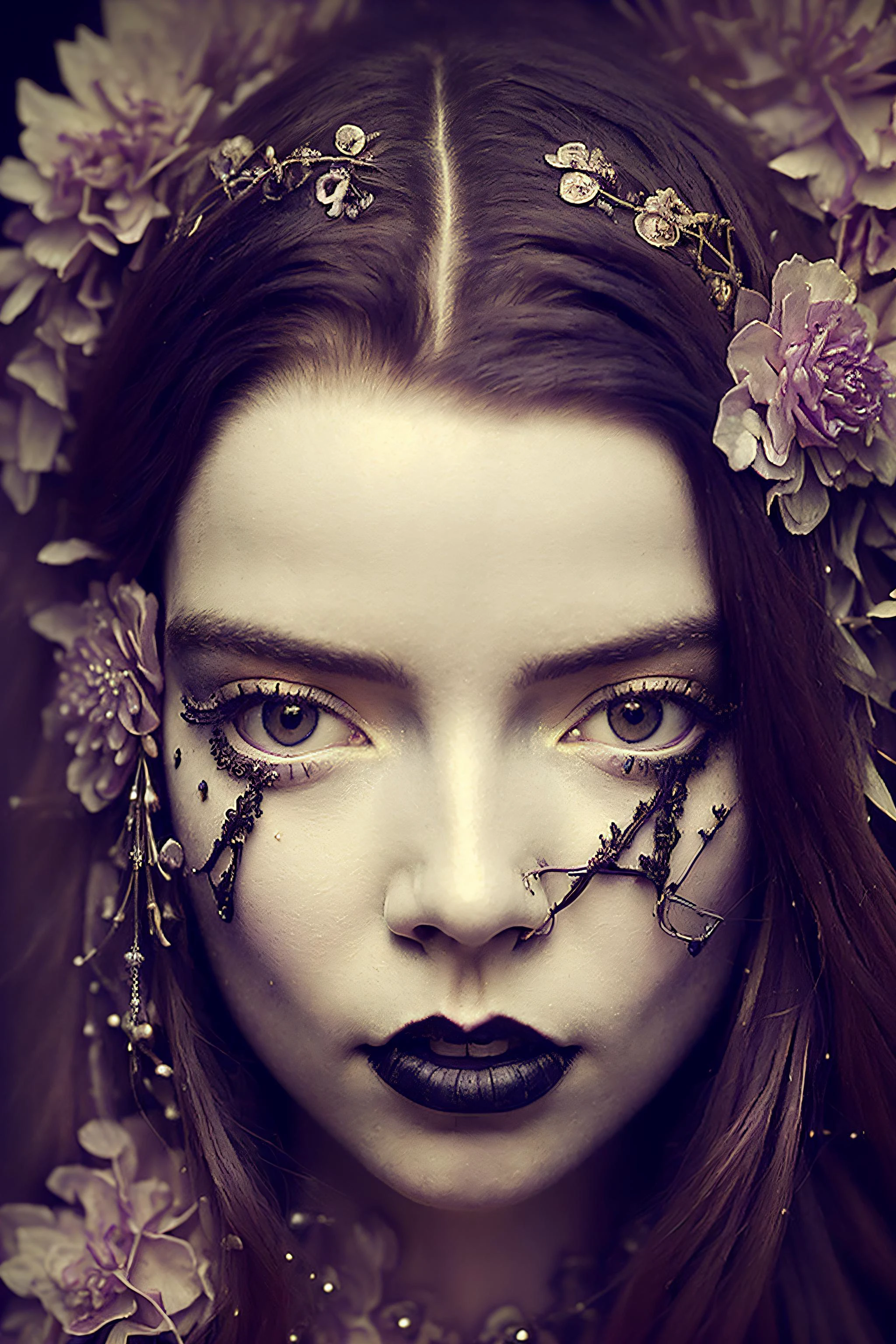 Portrait of sks woman:1.2, (goth), pale skin, black eyeliner, makeup, black and red hair, fairy queen,purple hardlightinleft, redsoftlightinright, softboxinfront, fairytaleai, sad, Bokeh, (masterpiece, (Intricate details), Hyper detailed, Super resolution, RAW Photo), 8k HDR, bloom, Photorealistic, extremely detailed, award winning photography,<lora:anyaTaylorJoy_v10:1.3>, <lora:fairytaleai_v10:0.7>,