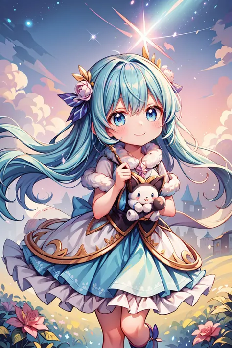1girl, with cute fluffy creature, kawaii, chibi, smile, captured in a dreamy, ethereal, impressionist style with soft, feathery brushstrokes, a diminutive, fluffy, quadruped creature known as a "Glintle" - withwhite shimmering delicate fur in shades of rose, amethyst, and gold, large, shimmering, opalescent eyes - runs through a fantastical, starry landscape, surrounded by cotton-candy clouds, glittering, stardust-infused wildflowers, and a few stray, glittering, cosmic sparks behind the Glintlel, under a sky with a pretty sunset, 
  <lora:VikingPunkAI:0.5> fairytaleai, dynamic angle