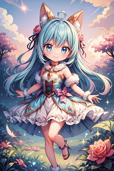 1girl, with cute fluffy creature, kawaii, chibi, smile, captured in a dreamy, ethereal, impressionist style with soft, feathery brushstrokes, a diminutive, fluffy, quadruped creature known as a "Glintle" - withwhite shimmering delicate fur in shades of rose, amethyst, and gold, large, shimmering, opalescent eyes - runs through a fantastical, starry landscape, surrounded by cotton-candy clouds, glittering, stardust-infused wildflowers, and a few stray, glittering, cosmic sparks behind the Glintlel, under a sky with a pretty sunset,
<lora:VikingPunkAI:0.5> fairytaleai, dynamic angle