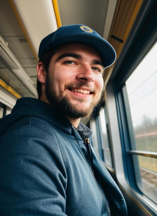 mde person with a beard smiling for the camera while riding a train with a passenger, Dmitry Levitzky, smooth face feature, a picture, rayonism