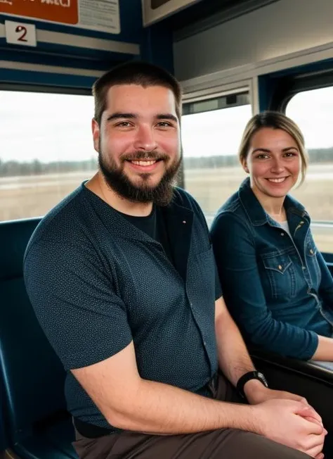 mde person with a beard smiling for the camera while riding a train with a passenger, Dmitry Levitzky, smooth face feature, a picture, rayonism