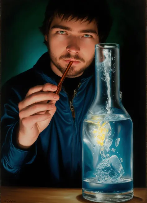 portrait of mde person as a alchemist working, looking at viewer, by Jeff Easley