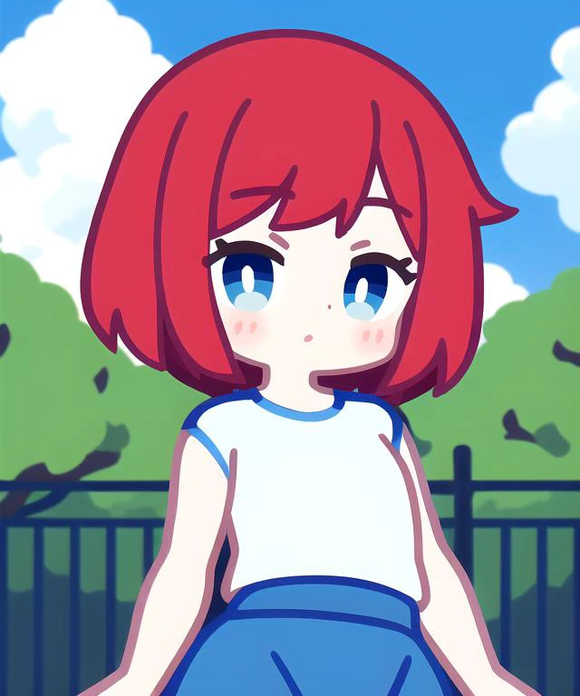 masterpiece, best quality, 1girl, red hair, short hair, blue eyes, white shirt, blue skirt, upper body, looking at viewer, park, tree, sky, clouds, iron fence, <lora:kiwi style V4:0.6>