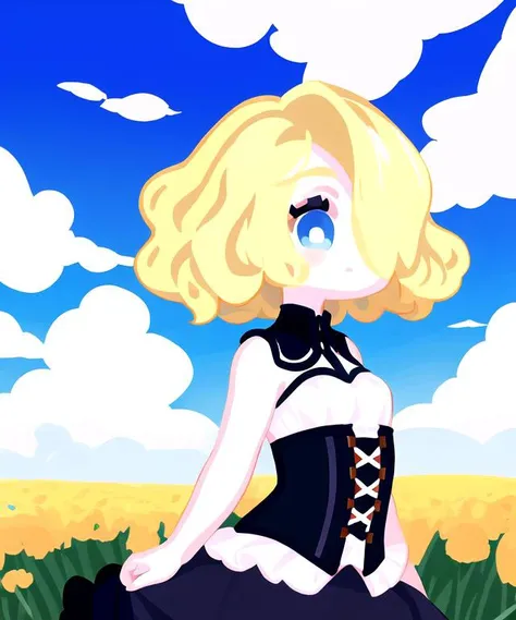 masterpiece, best quality, 1girl, blonde hair, short hair, wavy hair, hair over one eye, blue eyes, small breasts, white dress, corset, black skirt, upper body, field, sky, clouds, <lora:kiwi style V4:0.4>, <lora:GT640V4:0.7>, chibi