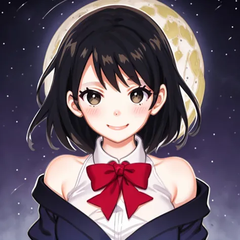 1girl, (tuxedo:1.4), belt, upper body, full moon, night sky, seductive smile <lyco:kiwi style V4:0.2>, <lora:Fashion_Manga-10:1> fashion manga style, short hair, straight hair