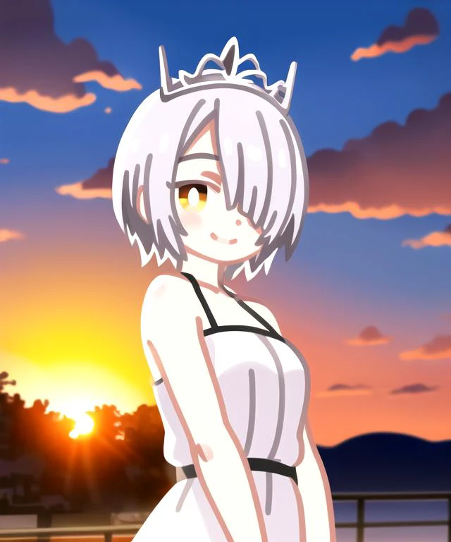 masterpiece, best quality, <lora:CharWestia768V1:0.7>, 1girl, charwestia, short hair, white hair, hair over one eye, tiara, yellow eyes, upper body, sunset, sun, clouds, sky, white dress, smile, sun light, <lora:kiwi style V4:0.6>