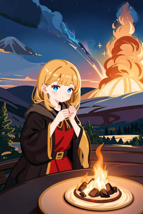 (masterpiece, best quality), intricate details, 1girl, gold embroidery, outdoors, volcano, smoke, night, fire, mountain, <lora:kiwi style V4:0.5>