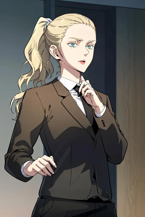 masterpiece, best quality, absurdres, perfect anatomy, beautiful background, beautiful face, beautiful eyes, beautiful body, upper body, happy, Mimicking a ballet pose, alice_forest, 1girl, solo, long hair, blue eyes, blonde hair, shirt, jacket, white shirt, ponytail, necktie, collared shirt, pants, formal, suit, black necktie, black trouser, <lora:Alice_Forest:0.85>
