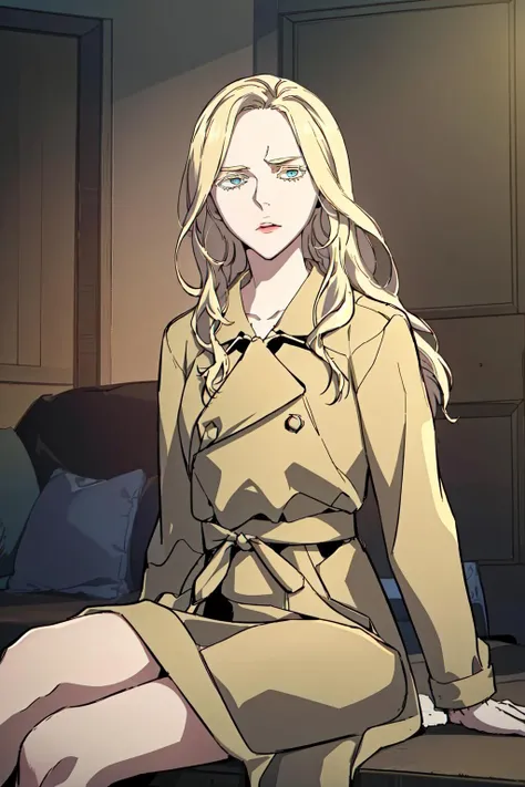 masterpiece, best quality, absurdres, perfect anatomy, beautiful background, beautiful face, beautiful eyes, beautiful body, upper body, Sitting with legs outstretched, alice_forest, 1girl, solo, long hair, blonde hair, long sleeves, coat, blue eyes, brown coat, trench coat <lora:Alice_Forest:0.85>
