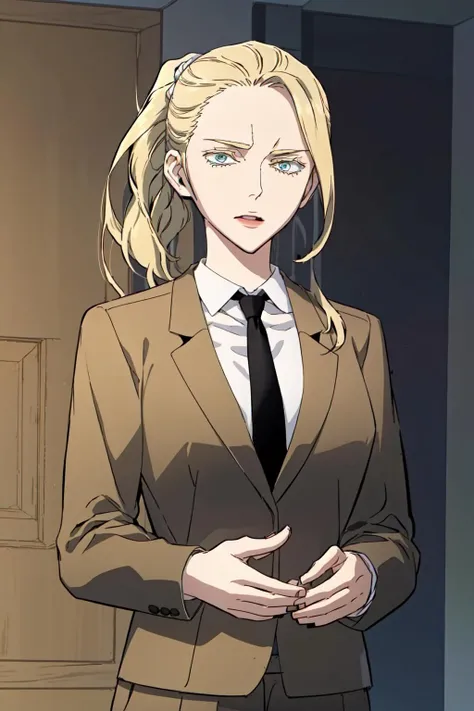 masterpiece, best quality, absurdres, perfect anatomy, beautiful background, beautiful face, beautiful eyes, beautiful body, upper body, happy, Standing with one arm reaching out, alice_forest, 1girl, solo, long hair, blue eyes, blonde hair, shirt, jacket, white shirt, ponytail, necktie, collared shirt, pants, formal, suit, black necktie, black trouser, <lora:Alice_Forest:0.85>