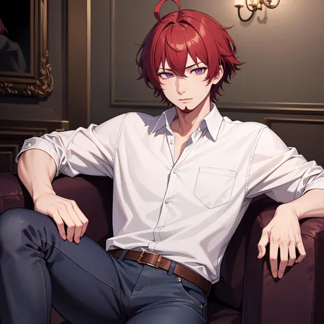 (masterpiece:1.1),(best quality:1.1),(hyper detailed:1.1),(high detail:1.1),(highest quality:1.3),absurdres,(purple eyes:1.1),red hair,short hair,button-up shirt,jeans,goatee,sitting,on couch,ahoge,mature male,