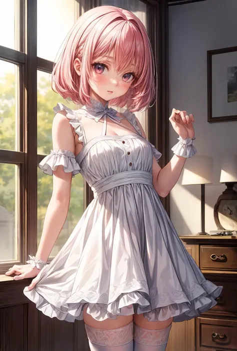 (masterpiece, best quality), 1girl, blue and white frill dress, (white stockings), pink hair, cute face, standing, indoor, intricate detail, sunlight, <lora:add_detail:1>