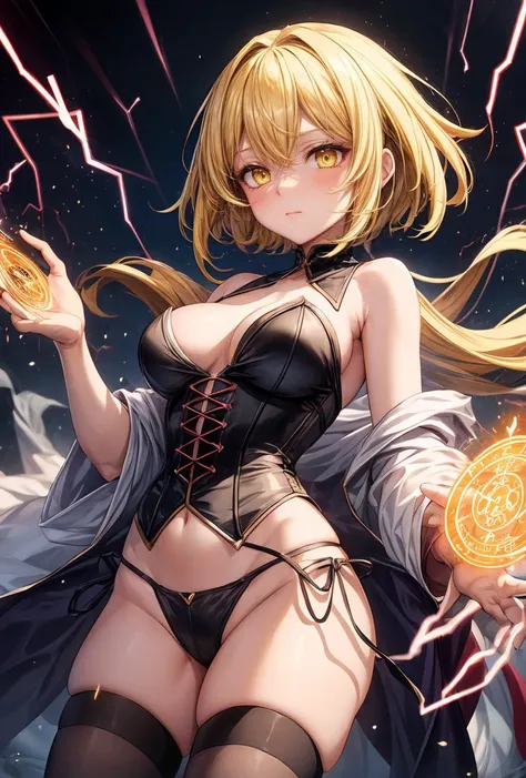 anime (mato seihei no slave), female young , god , sexy (very big tits), actress (Naruhime), yellow eyes, short hair reaches the shoulder ,consist of blonde / black strips, Above her left eye was a lightning-shaped hair pin, vertical slit pupils for her eyes, She stood on the battlefield