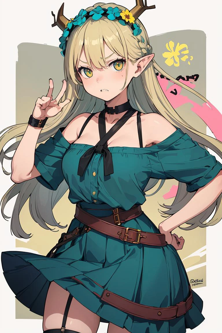 (masterpiece, best quality), female late twenties, strong, scandinavian, amber eyes, downturned ears, wide jaw, square face shape, wrinkles, teal
crown braid hair, rage
wearing __bo/properties/color__
cargo skirt, garter belt, wedges, flower crown,
, one hand raised, seeking attention