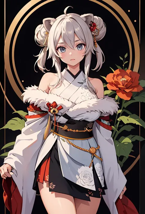 (masterpiece, best quality), 1girl,   <lora:shishiro_botan_v1:0.8> bbbotan, ahoge, hair bun, double bun, sidelocks, animal ears, hair ornament, ear piercing, large breasts, off shoulder, japanese clothes, fur-trimmed kimono, white kimono, floral print, wide sleeves, obi, sash, skirt,