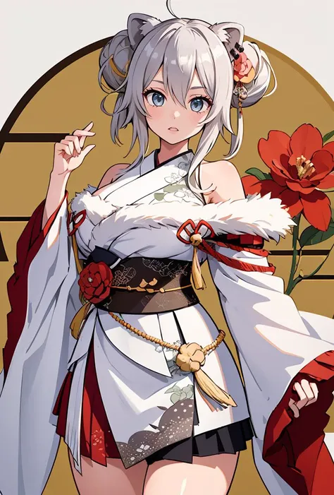 (masterpiece, best quality), 1girl,   <lora:shishiro_botan_v1:0.8> bbbotan, ahoge, hair bun, double bun, sidelocks, animal ears, hair ornament, ear piercing, large breasts, off shoulder, japanese clothes, fur-trimmed kimono, white kimono, floral print, wide sleeves, obi, sash, skirt,