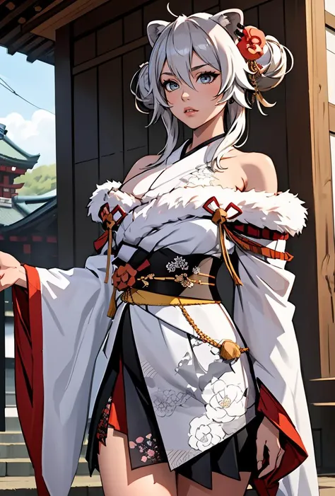 (masterpiece, best quality), 1girl, <lora:shishiro_botan_v1:0.8> bbbotan, ahoge, hair bun, double bun, sidelocks, animal ears, hair ornament, ear piercing, large breasts, off shoulder, japanese clothes, fur-trimmed kimono, white kimono, floral print, wide sleeves, obi, sash, skirt,
