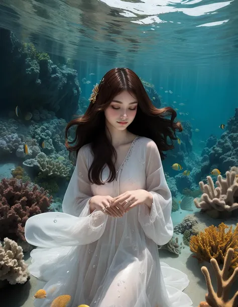 (masterpiece, realistic, ultra high res), 1 girl, solo summer4, yellow , jewelly, bokeh, sea, under sea, under the water, bubbles around, floating hair, aquatic, close eyes, satisfied face, expressionless face, hands down, faint, Marine