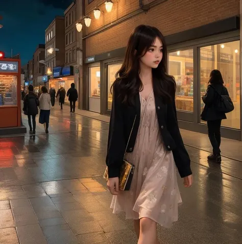 1 girl, summer4, street, city view, night, bokeh, light, store