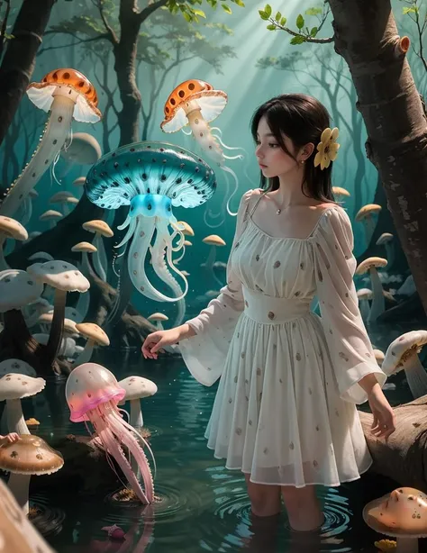1girl, jewelly, earing, summer3, portrait, (masterpiece, hyper realistic), green jellyfish,(jellyfishforest:1.4), mushroom, long hair, scenery, solo, nature, water, wading, outdoors, tree, standing, black hair, fantasy, forest, mysterious, colorful, glow, bokeh
<lora:Summer3-06:0.65>