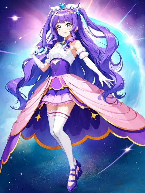 masterpiece, best quality, looking at viewer, depth of field, standing, full body,
1girl, <lora:locon_cure_majesty_01:0.85>, cure majesty, purple hair, two side up, hair ornament, elbow gloves, frilled thighhighs,
smile, ((gradient background)), lens flare,