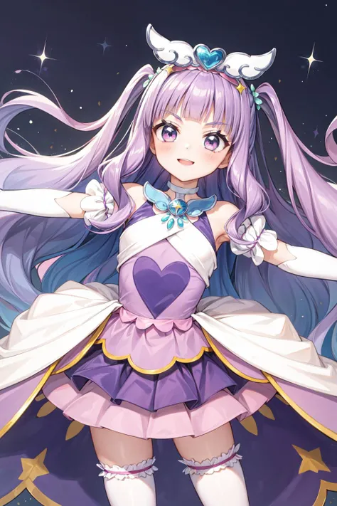 masterpiece,best quality,1girl,cure majesty,purple hair,two side up,hair ornament,tiara,elbow gloves,frilled thighhighs,smile,spread arms,star \(symbol\),<lora:locon_cure_majesty_01:0.9>,<lora:Concept-control tool-add_detail-CyberAIchemist:0.9>,