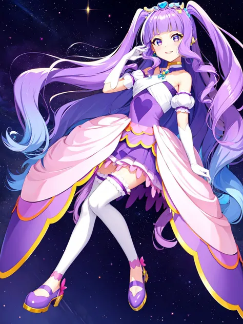 masterpiece, best quality, looking at viewer, depth of field, standing, full body,
1girl, <lora:locon_cure_majesty_01:0.85>, cure majesty, purple hair, two side up, hair ornament, elbow gloves, frilled thighhighs,
smile, ((gradient background)), lens flare,